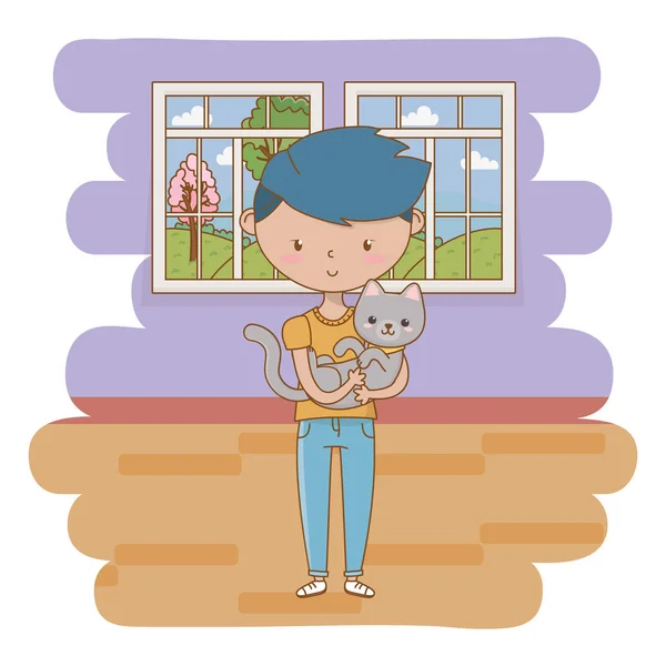 Garçon avec dessin animé chat design — Image vectorielle