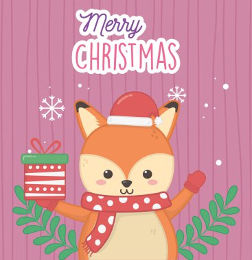 Hediyesi ve atkısı olan şirin tilki. Mutlu Noeller.