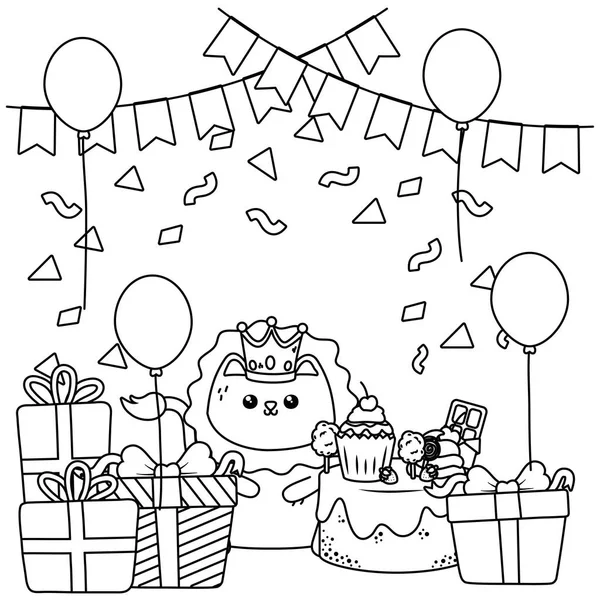 León kawaii con feliz diseño de tartas de cumpleaños — Archivo Imágenes Vectoriales