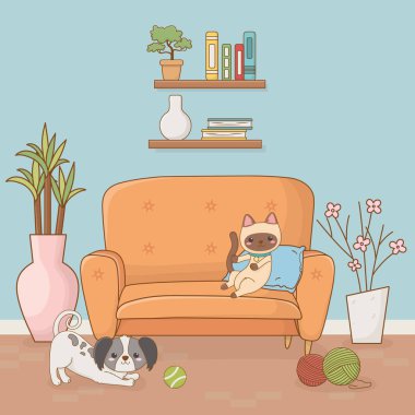 Küçük köpek ve kedi maskotları salonda.