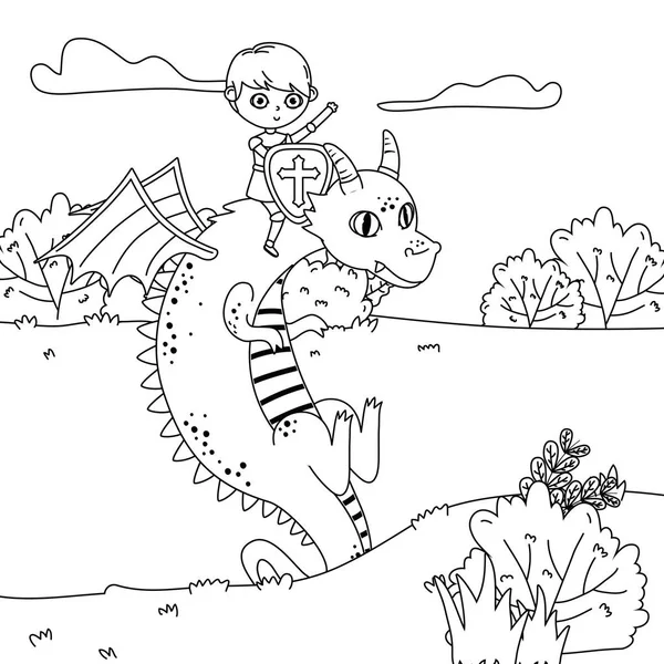 Ortaçağ Ejderha ve masal tasarım vektör illüstrasyon şövalye