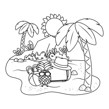 Yaz ve plaj sevimli karikatürler siyah beyaz