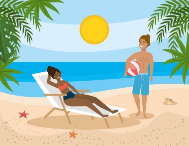 woman taking sun in the tanning chair and man with bach ball