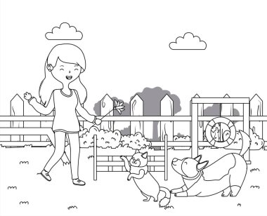 Kedi ve köpek karikatür tasarımı ile kız