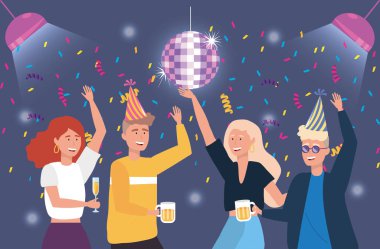 cute men and women dancing with confetti decoration