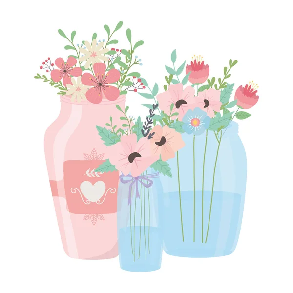 Flowers and leaves inside pots vector design — Wektor stockowy