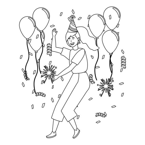 Woman with party hat and balloons design — Stockvector