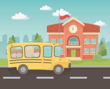 school building and bus with kids in the landscape scene