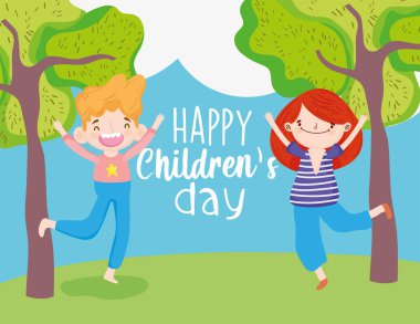 happy children day, cute little boy and girl field trees