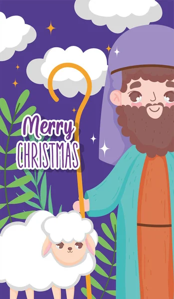 Joseph and sheep nativity happy merry christmas — Vector de stock