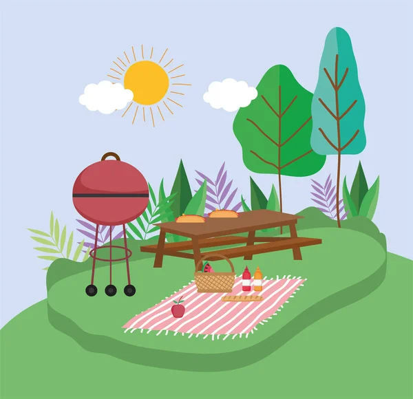 Grilled bbq table blanket basket food picnic in the park — Image vectorielle