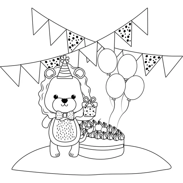Desenhos animados de leão com design de ícone de aniversário feliz — Vetor de Stock
