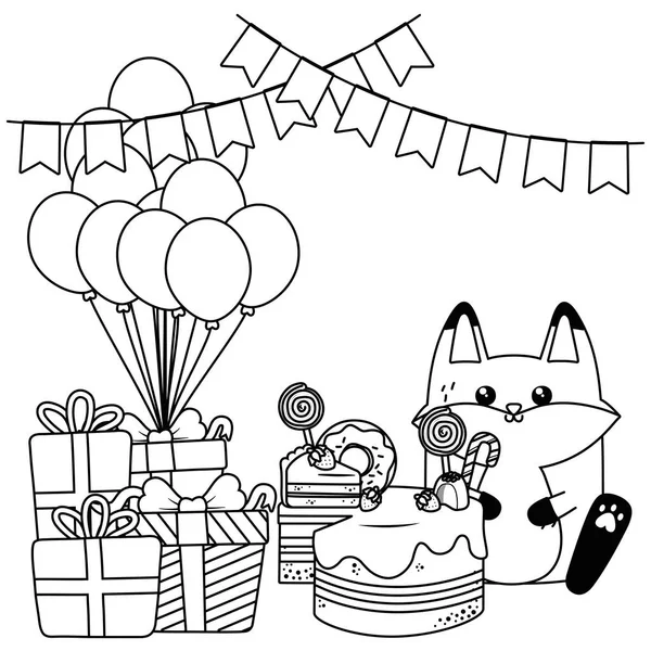 Raposa Kawaii com design feliz bolo de aniversário — Vetor de Stock