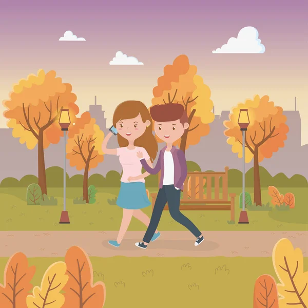 Young couple walking in the park characters — Stok Vektör