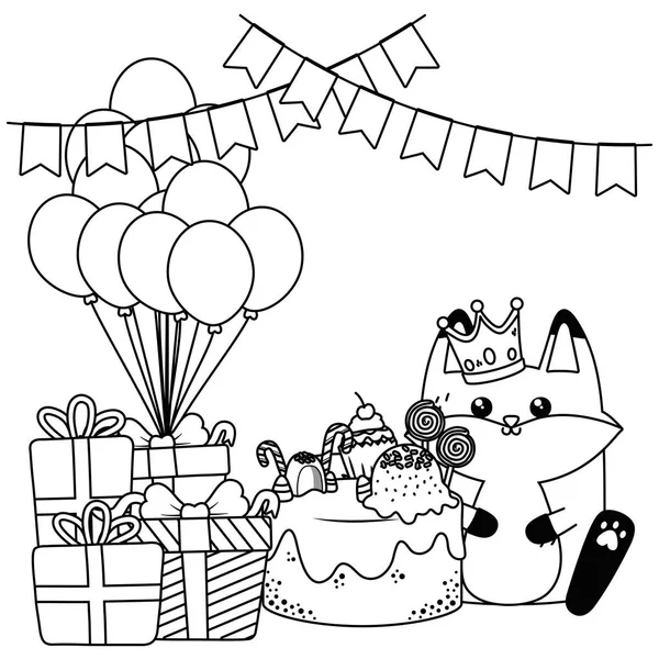 Kawaii zorro con feliz diseño de tarta de cumpleaños. — Archivo Imágenes Vectoriales