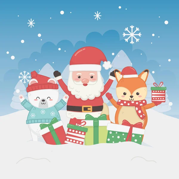 Happy merry christmas card with santa claus and animals — ストックベクタ