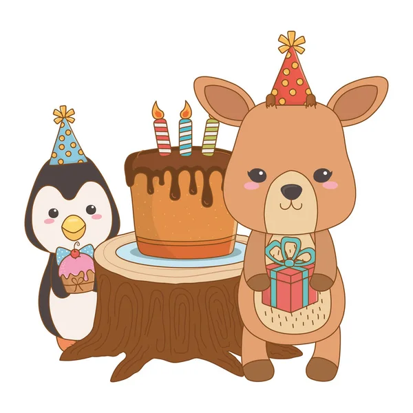 Animaux dessins animés avec la conception de gâteau d'anniversaire heureux — Image vectorielle