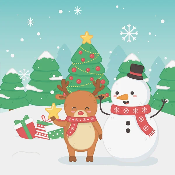 Merry merry christmas card with snowman and reindeer — Stockvector