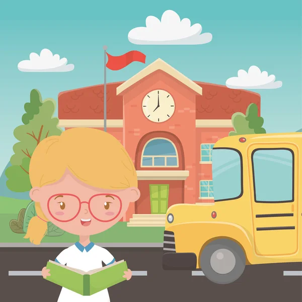 Iskolaépület busz és lány design — Stock Vector