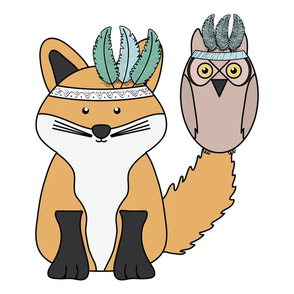 Owl bird and fox with feathers hats bohemian style — Stockvector