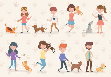 sevimli küçük köpekler ve kediler Maskotlar ile genç insanlar