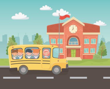 school building and bus with kids in the landscape scene