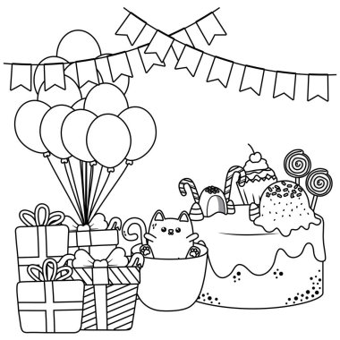 Doğum günü pastası tasarımlı Kawaii kedisi.