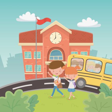 school building and bus with kids in the landscape scene