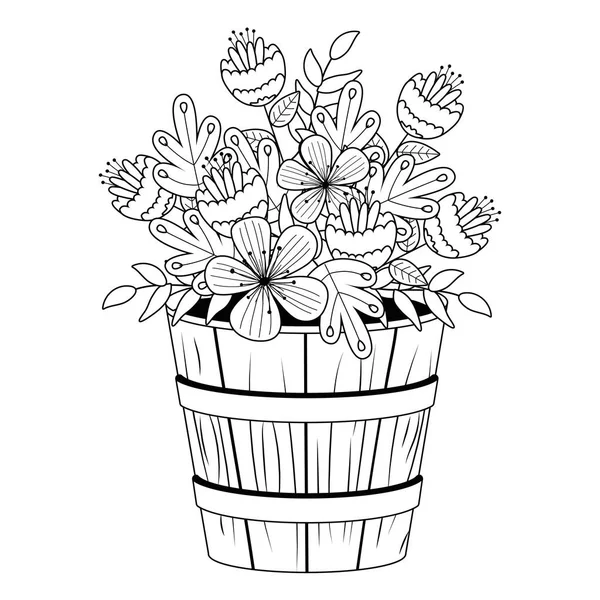 Flowers and leaves inside barrel pot vector design — Stock vektor