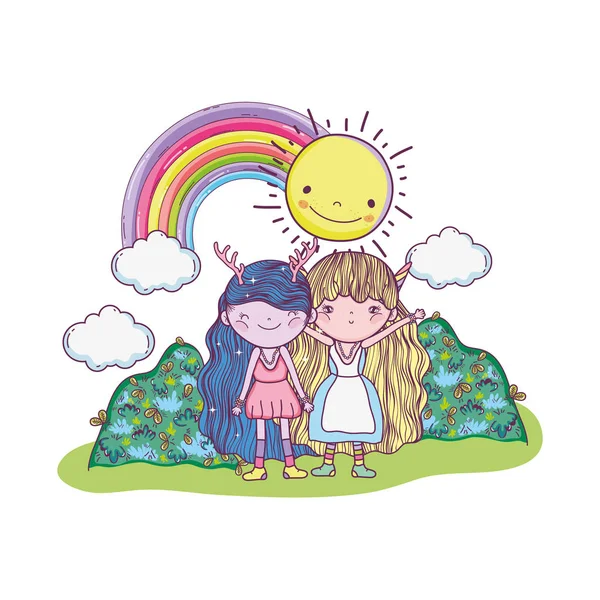 Lindo poco hadas pareja con arco iris y sol — Vector de stock