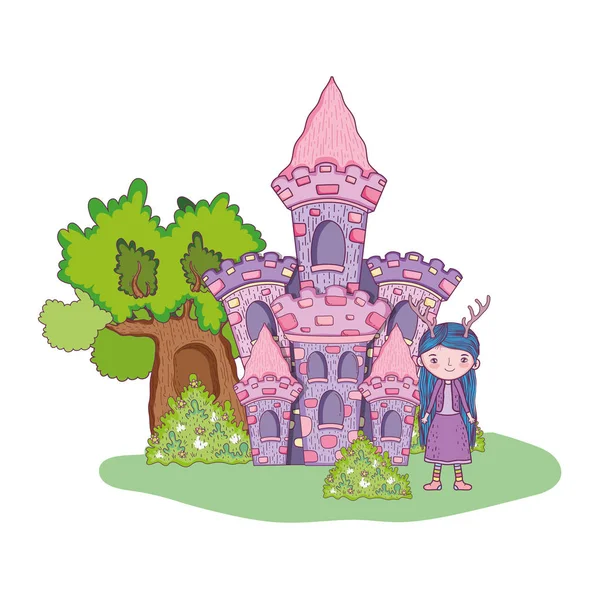 Cute little fairy with castle in the landscape — Stock Vector