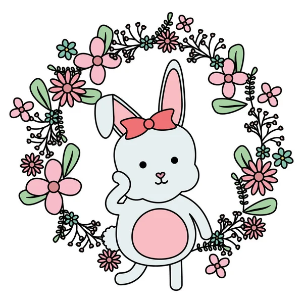 Cute little rabbit with floral decoration frame — Vettoriale Stock