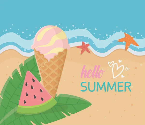 Hello summer poster with beach scene and watermelon icecream — Διανυσματικό Αρχείο