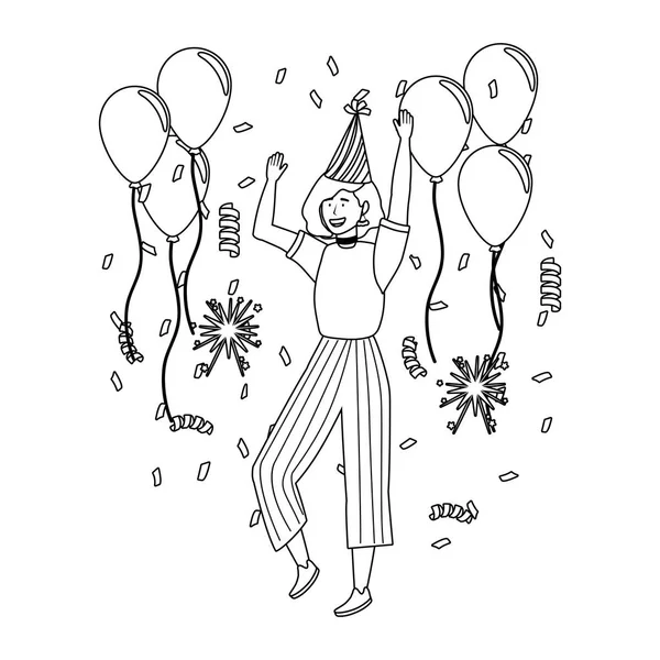 Woman with party hat and balloons design — Stok Vektör