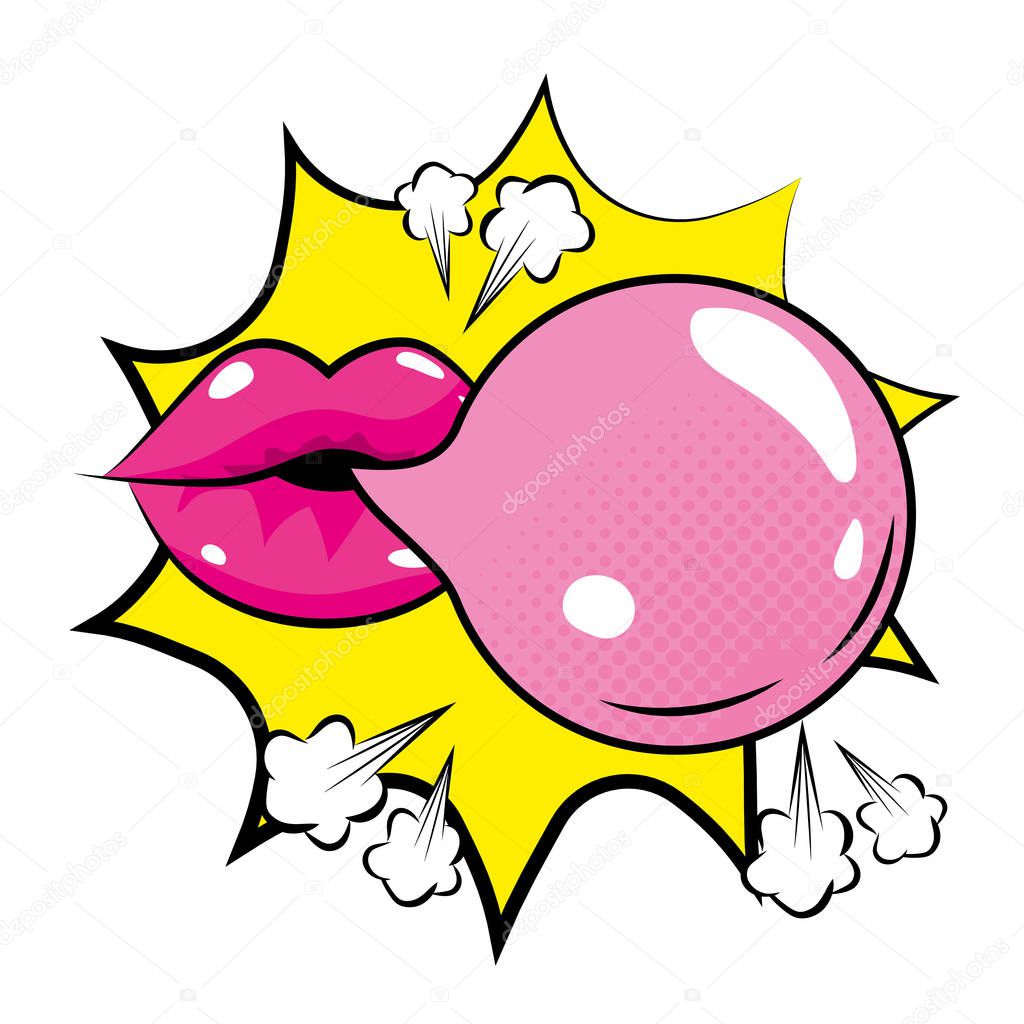 Pop art mouth with bubble gum cartoon