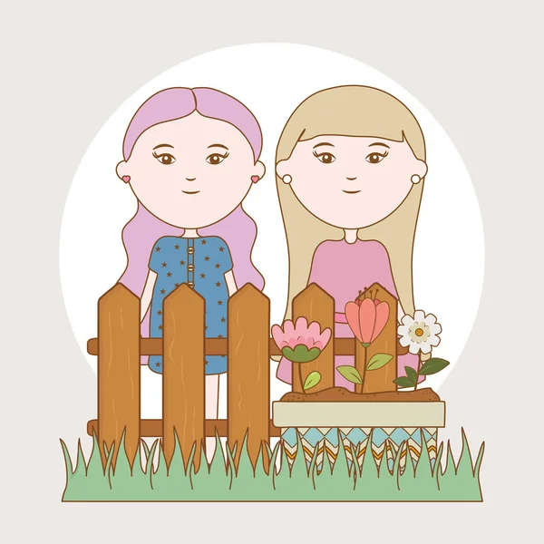 Las flores de las niñas en el jardín de vallas dibujos animados — Vector de stock