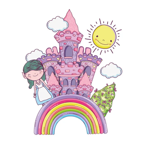 城と虹とかわいい小さな妖精 — ストックベクタ