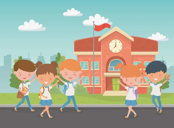 School building with kids in the landscape scene — Διανυσματικό Αρχείο