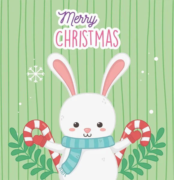 Cute rabbit with candy canes and leaves merry christmas — стоковый вектор