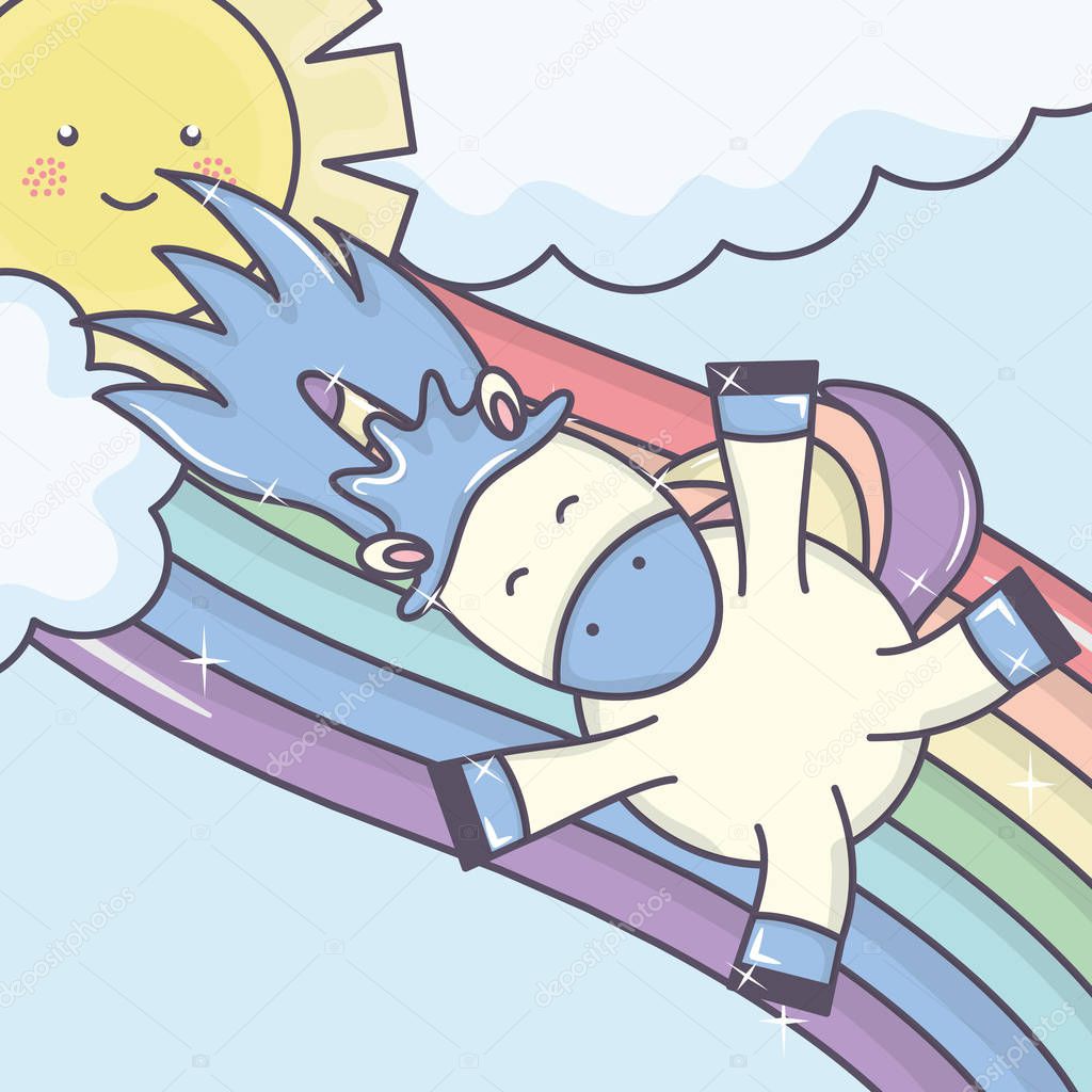 cute adorable unicorn with clouds and rainbow