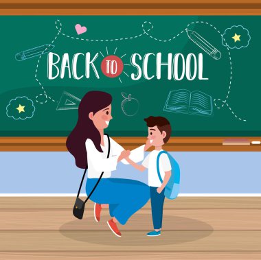 mother with her boy student and uniform in the classroom