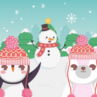 cute polar bear snowman and penguin trees merry christmas