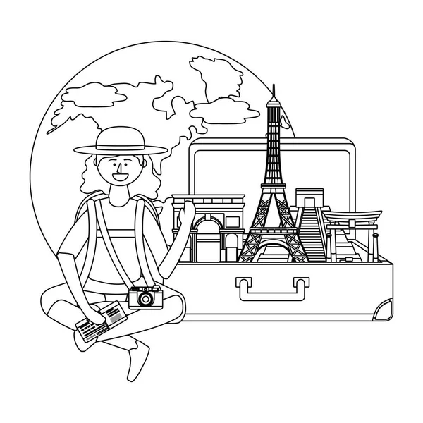 Tourist girl cartoon with bag design — Stock Vector
