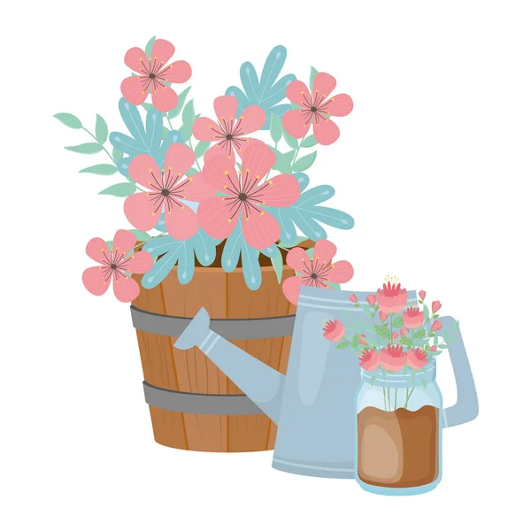 Flowers and leaves inside pots vector design — 图库矢量图片