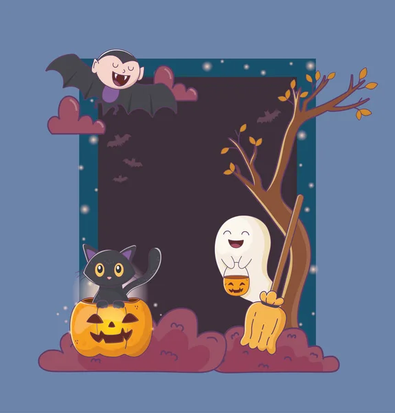 Ghost pumpkin cat dracula frame celebration halloween — 图库矢量图片