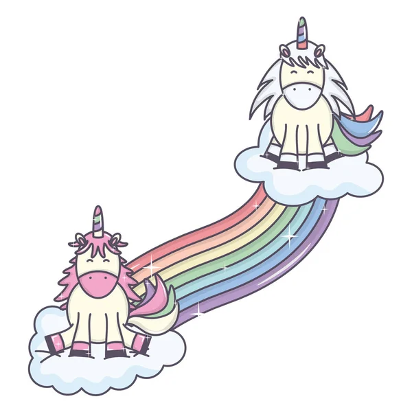 Cute adorable unicorns with clouds and rainbow — Stock Vector