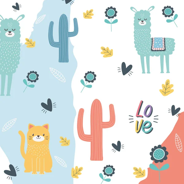 Cat and llama cartoon design vector illustration —  Vetores de Stock