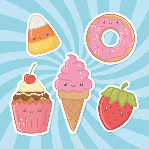 Delicious and sweet products kawaii characters — Stockvector