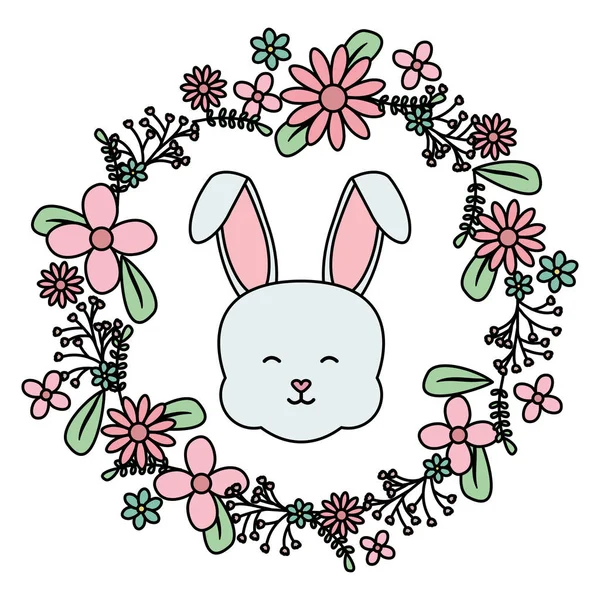 Cute little rabbit with floral decoration frame — Stock Vector