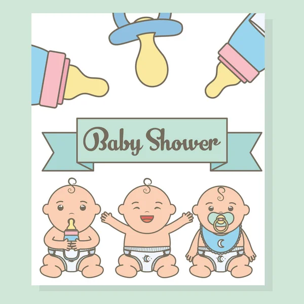 Cute little babies boys with bottle milk characters — Stock Vector